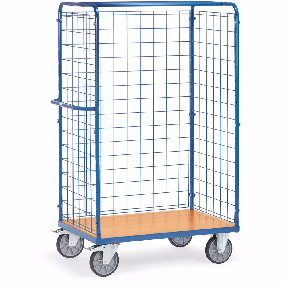 Paketwagen hoch pulverbeschichtet blau RAL 5007, Schraubkonstruktion, Stirnwände und eine Längswand geschlossen mit Drahtgitter aus der Kategorie Etagenwagen