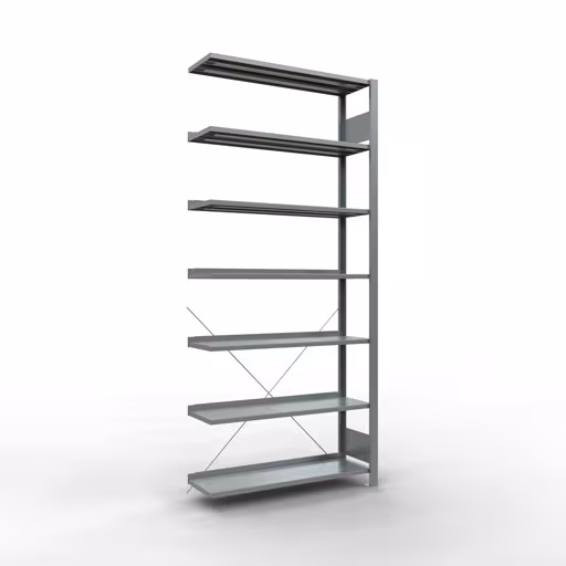 Anbauregal, Büro-Fachbodenregal Stecksystem MULTIplus85, 2300 x 1000 x 300 mm (HxBxT), 7 Fachböden, Kreuzstrebe, verzinkt, mit Anschlagleiste aus der Kategorie Stecksystem mit der Artikelnummer 17716