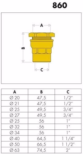 Technische Zeichnung 4015718 Anschlussverschraubung 860 Messing 20 x 1/2 Zoll IG Messing CALEFFI