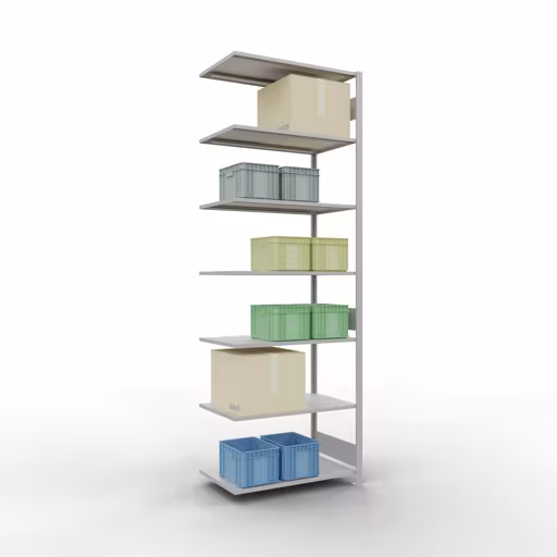 Andere Ansicht des Artikels Anbauregal, Fachbodenregal Stecksystem MULTIplus150, 3000 x 1000 x 600 mm (HxBxT), 7 Fachböden, Längenriegel, RAL 7035 lichtgrau aus der Kategorie Anbauregal