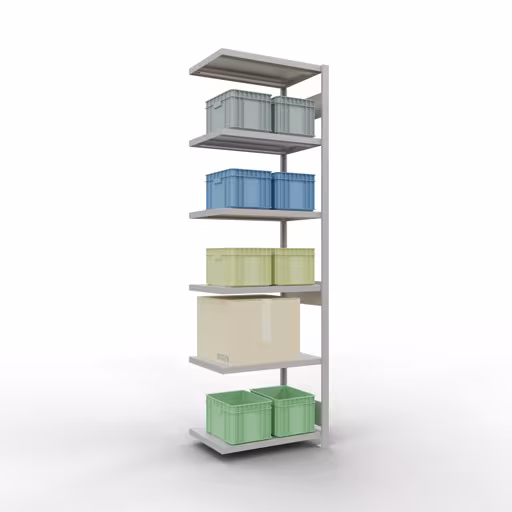 Anbauregal, Fachbodenregal Stecksystem MULTIplus250, 2500 x 750 x 500 mm (HxBxT), 6 Fachböden, Längenriegel, RAL 7035 lichtgrau von Schulte Lagertechnik mit der Artikelnr. 32856-75-LR