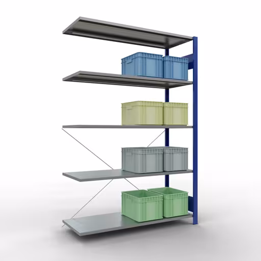 Andere Ansicht des Artikels Anbauregal, Fachbodenregal Stecksystem MULTIplus150, 2000 x 1300 x 500 mm (HxBxT), 5 Fachböden, Kreuzstrebe, RAL 5010 enzianblau/verzinkt Andere Ansicht des Artikels Anbauregal, Fachbodenregal Stecksystem MULTIplus150, 2000 x 1300 x 500 mm (HxBxT), 5 Fachböden, Kreuzstrebe, RAL 5010 enzianblau/verzinkt aus der Kategorie Stecksystem