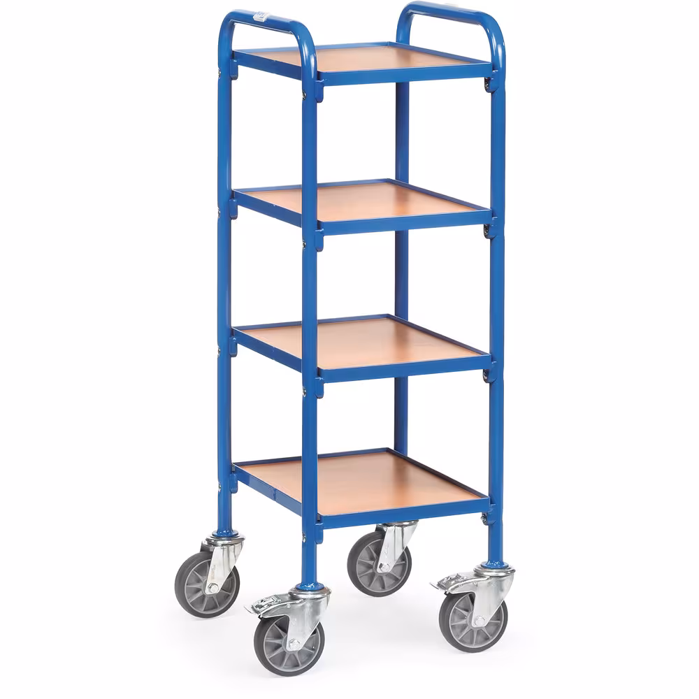 Beistellwagen 32920 - mit Böden pulverbeschichtet blau RAL 5007, Schraubkonstruktion, 4 Etagen mit Holzwerkstoffplatten von der Marke Fetra Beistellwagen 32920 - mit Böden pulverbeschichtet blau RAL 5007, Schraubkonstruktion, 4 Etagen mit Holzwerkstoffplatten aus der Kategorie Wagen mit der Artikelnummer 32920