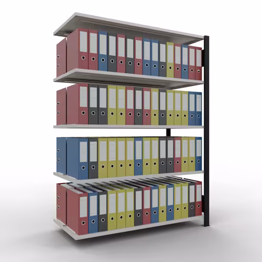 Anbauregal, Büro-Fachbodenregal Stecksystem MULTIplus150, 1800 x 1300 x 600 mm (HxBxT), 5 Fachböden, Längenriegel, mit Mittelanschlag, schwarz/lichtgrau von der Marke Schulte Lagertechnik aus der Produktreihe Büroregale