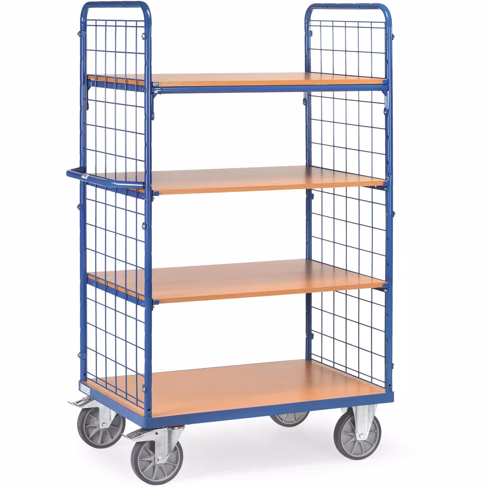 Etagenwagen 8411 Breite 600 mm, Länge 1000 mm von der Marke Fetra Etagenwagen Drahtgitter 4 Etagen aus Stahlrohr und Profilstahl geschweißt, pulverbeschichtet blau RAL 5007, Stirnwände geschlossen mit Drahtgitter Typ Ladeflächenbreite: 600 mm aus der Kategorie Etagenwagen mit der Artikelnr. 8411
