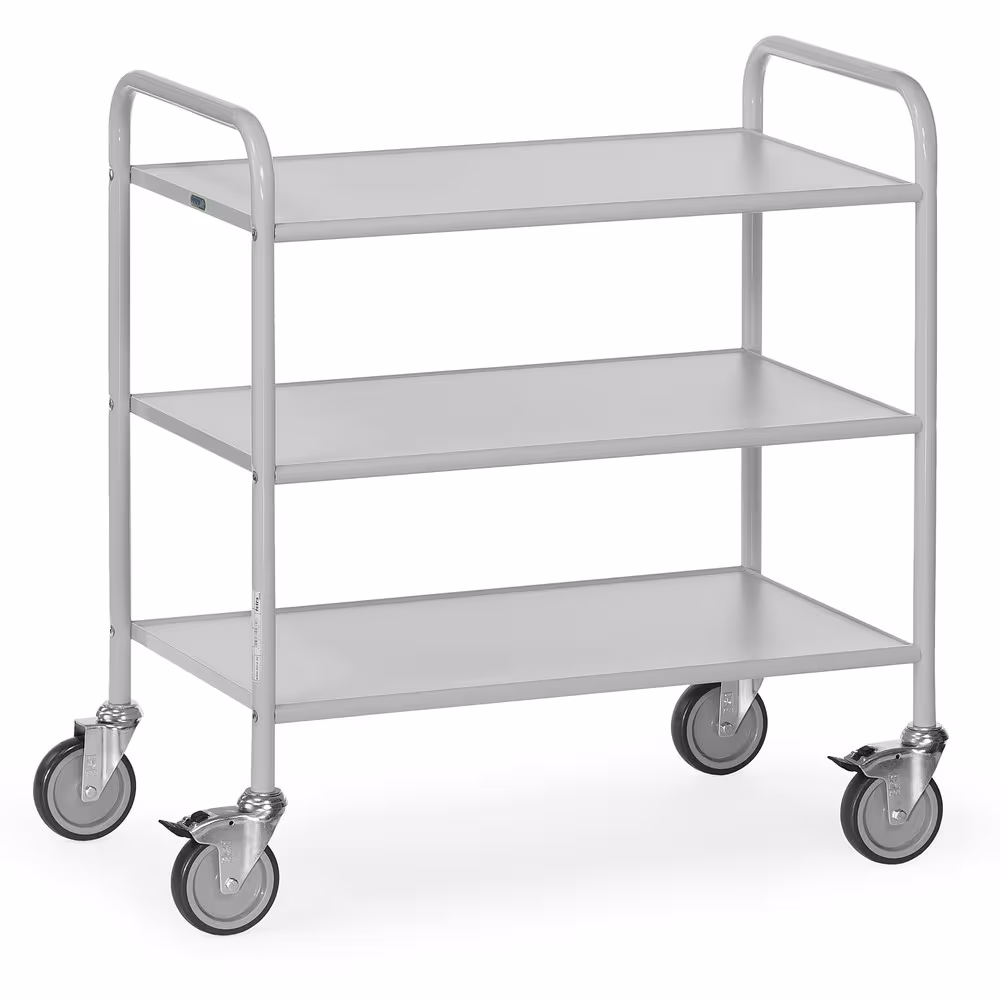 Bürowagen 4882 verschraubte Stahlrohr-Konstruktion, pulverbeschichtet in lichtgrau RAL 7035, 3 Böden aus Holzwerkstoffplatten von der Marke Fetra aus der Produktreihe Transportsysteme