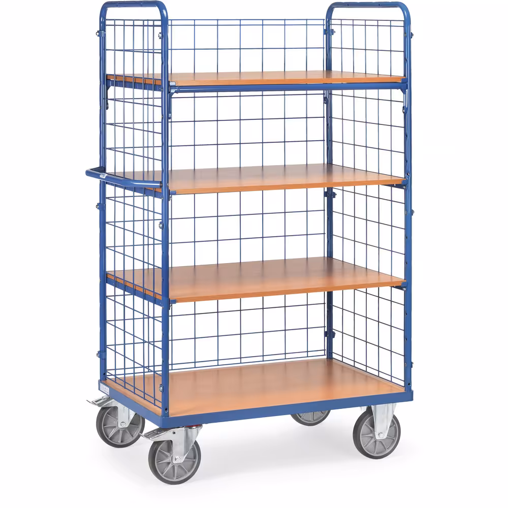 Etagenwagen Drahtgitter 4 Etagen pulverbeschichtet blau RAL 5007, Schraubkonstruktion. Stirnwände und 1 Längswand geschlossen mit Drahtgitter von der Marke Fetra aus der Kategorie Etagenwagen