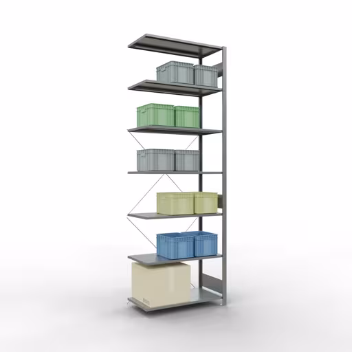 Anbauregal, Fachbodenregal Stecksystem MULTIplus85, 3000 x 1000 x 500 mm (HxBxT), 7 Fachböden, Kreuzstrebe, verzinkt von Schulte Lagertechnik mit der Artikelnr. 13157