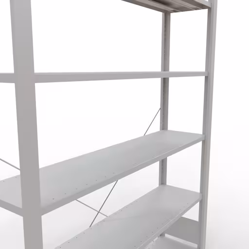 Grundregal, Büro-Fachbodenregal Stecksystem MULTIplus85, 2000 x 1300 x 300 mm (HxBxT), 6 Fachböden, Kreuzstrebe, ohne Anschlagleiste, lichtgrau von Schulte Lagertechnik mit der Artikelnr. 36026