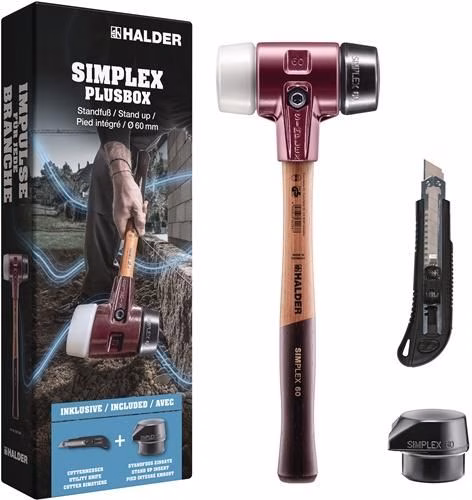 Marteau à tête souple SIMPLEX-Plusbox Starter Kit, longueur 165 mm, diamètre de la tête 60 mm, bois laqué mi-dur, marque HALDER Marteau à embout souple SIMPLEX-Plusbox, kit de démarrage, bois laqué mi-dur, caoutchouc/superplastique, HALDER, de la catégorie marteaux, référence 8005003794