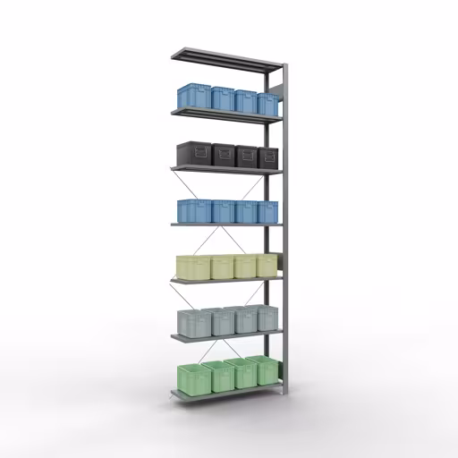 Produktbild Nr 15 des Artikels Anbauregal, Fachbodenregal Stecksystem MULTIplus85, 3000 x 1000 x 300 mm (HxBxT), 7 Fachböden, Kreuzstrebe, verzinkt Abbildung Nr 15 des Artikels Anbauregal, Fachbodenregal Stecksystem MULTIplus85, 3000 x 1000 x 300 mm (HxBxT), 7 Fachböden, Kreuzstrebe, verzinkt aus der Produktgruppe Stecksystem von der Marke Schulte Lagertechnik