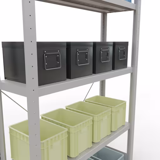 Abbildung Nr 8 des Artikels Grundregal, Fachbodenregal Stecksystem MULTIplus330, 2000 x 1000 x 300 mm (HxBxT), 5 Fachböden, Kreuzstrebe, RAL 7035 lichtgrau aus der Produktgruppe Stecksystem von der Marke Schulte Lagertechnik