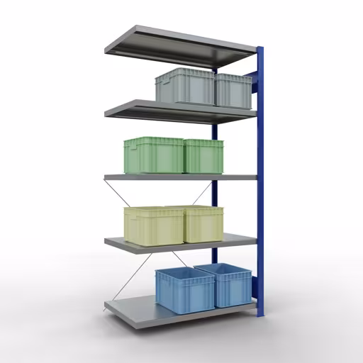 Anbauregal, Fachbodenregal Stecksystem MULTIplus250, 2000 x 1000 x 600 mm (HxBxT), 5 Fachböden, Kreuzstrebe, RAL 5010 enzianblau/verzinkt mit der GTIN 4004514283788 Anbauregal, Fachbodenregal Stecksystem MULTIplus250, 2000 x 1000 x 600 mm (HxBxT), 5 Fachböden, Kreuzstrebe, RAL 5010 enzianblau/verzinkt von Schulte Lagertechnik mit der Artikelnr. 12965-B