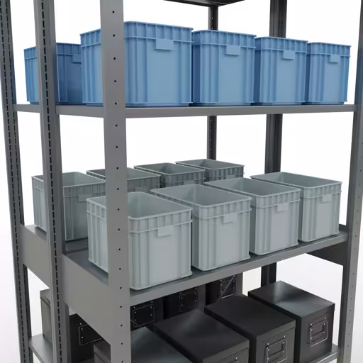 Produktbild Nr 13 des Artikels Grundregal, Doppelregal, Fachbodenregal Stecksystem MULTIplus150, 2500 x 1000 x (2x400) mm (HxBxT), 2x6 Fachböden, Kreuzstrebe, verzinkt Abbildung Nr 13 des Artikels Grundregal, Doppelregal, Fachbodenregal Stecksystem MULTIplus150, 2500 x 1000 x (2x400) mm (HxBxT), 2x6 Fachböden, Kreuzstrebe, verzinkt aus der Produktgruppe Fachbodenregale von der Marke Schulte Lagertechnik