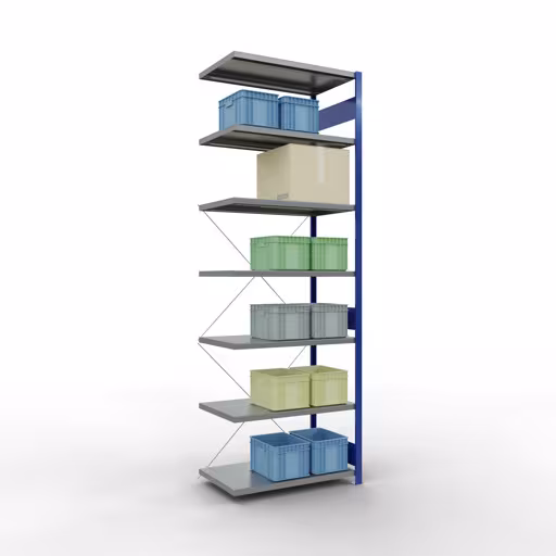 Anbauregal, Fachbodenregal Stecksystem MULTIplus330, 3000 x 1000 x 600 mm (HxBxT), 7 Fachböden, Kreuzstrebe, RAL 5010 enzianblau/verzinkt aus der Kategorie Anbauregal mit der GTIN 4004514250810 Anbauregal, Fachbodenregal Stecksystem MULTIplus330, 3000 x 1000 x 600 mm (HxBxT), 7 Fachböden, Kreuzstrebe, RAL 5010 enzianblau/verzinkt von der Marke Schulte Lagertechnik aus der Produktreihe Stecksystem