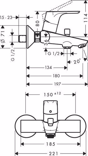 Technische Zeichnung 4039130 Hansgrohe Einhebel-Wannenmischer FOCUS Aufputz Nennweite 15 chrom