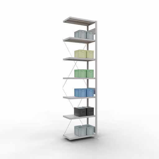 Produktbild Nr 15 des Artikels Anbauregal, Fachbodenregal Stecksystem MULTIplus250, 3000 x 750 x 400 mm (HxBxT), 7 Fachböden, Kreuzstrebe, RAL 7035 lichtgrau Abbildung Nr 15 des Artikels Anbauregal, Fachbodenregal Stecksystem MULTIplus250, 3000 x 750 x 400 mm (HxBxT), 7 Fachböden, Kreuzstrebe, RAL 7035 lichtgrau aus der Produktgruppe Stecksystem von der Marke Schulte Lagertechnik