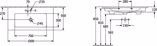 Technische Zeichnung 4124780 Schrankwaschtisch Venticello 1000 x 500 mm mit Überlauf weiß VILLEROY & BOCH