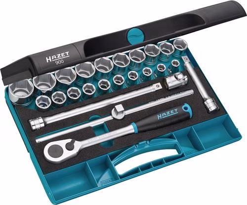 Set di chiavi a bussola Hazet 900 da 25 pezzi, 1/2 pollice, 10-32 mm, 90 denti, 6 punte Set di 25 chiavi a bussola serie 900, 1/2 pollice, 10-32 mm, 90 denti, 6 punte, colore HAZET, dalla categoria assortimento di chiavi a bussola da 1/4", codice articolo 4000820597