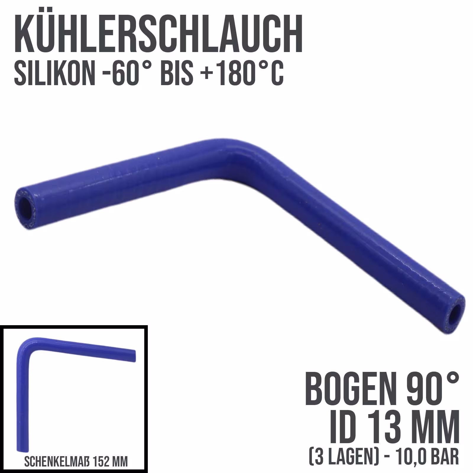 13 x 21 mm Kühlerschlauch Silikon Bogen 90° LLK Ladeluft Kühlmittel Schlauch universal blau (10 bar) - 152mm aus der Kategorie Kühlwasserschläuche mit der Artikelnummer KSB013-090-152GA