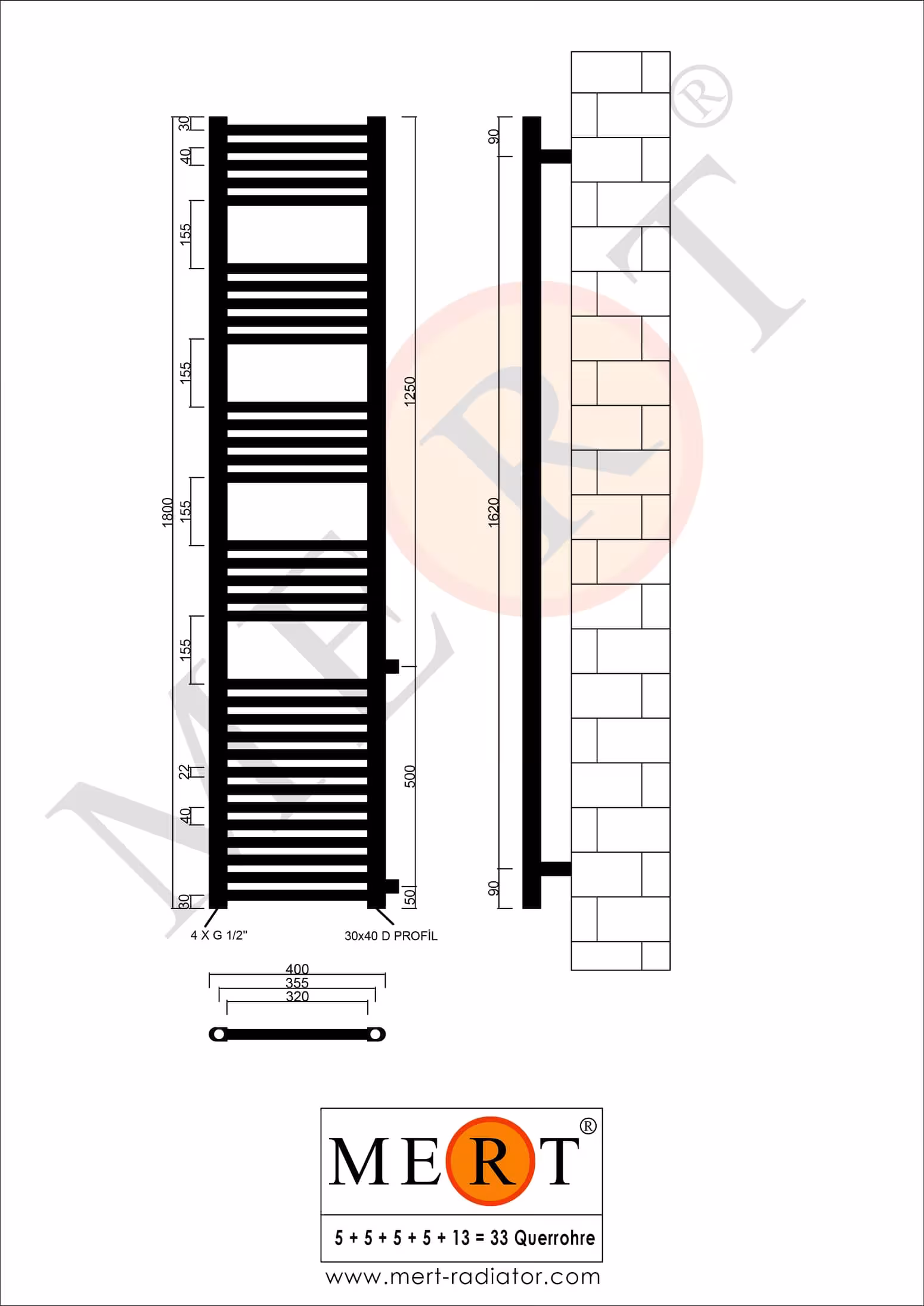 MERT Austausch Badheizkörper weiß gerade, 400*1800 mm, Anschluss an der Seite 500 mm von MERT mit der Artikelnr. 1-40x180-ASR-50