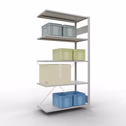 Produktbild Nr 15 des Artikels Anbauregal, Fachbodenregal Stecksystem MULTIplus85, 2000 x 1000 x 500 mm (HxBxT), 5 Fachböden, Kreuzstrebe, RAL 7035 lichtgrau Abbildung Nr 15 des Artikels Anbauregal, Fachbodenregal Stecksystem MULTIplus85, 2000 x 1000 x 500 mm (HxBxT), 5 Fachböden, Kreuzstrebe, RAL 7035 lichtgrau aus der Produktgruppe Stecksystem von der Marke Schulte Lagertechnik