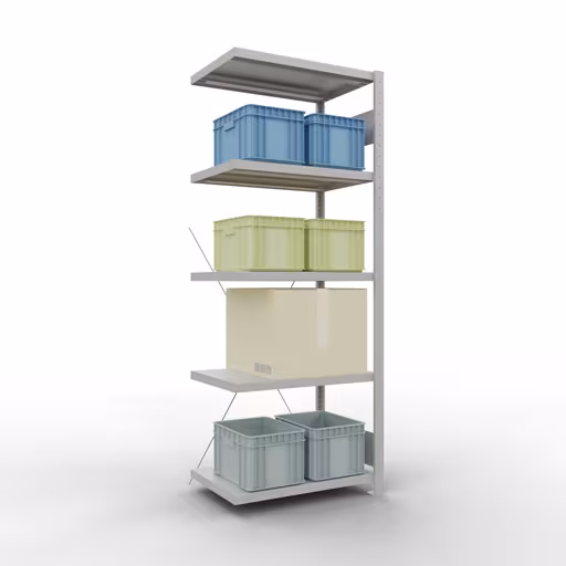 Produktbild Nr 15 des Artikels Anbauregal, Fachbodenregal Stecksystem MULTIplus250, 2000 x 750 x 500 mm (HxBxT), 5 Fachböden, Kreuzstrebe, RAL 7035 lichtgrau Abbildung Nr 15 des Artikels Anbauregal, Fachbodenregal Stecksystem MULTIplus250, 2000 x 750 x 500 mm (HxBxT), 5 Fachböden, Kreuzstrebe, RAL 7035 lichtgrau aus der Produktgruppe Stecksystem von der Marke Schulte Lagertechnik