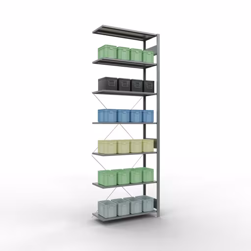 Produktbild Nr 16 des Artikels Anbauregal, Fachbodenregal Stecksystem MULTIplus85, 3000 x 1000 x 400 mm (HxBxT), 7 Fachböden, Kreuzstrebe, verzinkt Abbildung Nr 16 des Artikels Anbauregal, Fachbodenregal Stecksystem MULTIplus85, 3000 x 1000 x 400 mm (HxBxT), 7 Fachböden, Kreuzstrebe, verzinkt aus der Produktgruppe Stecksystem von der Marke Schulte Lagertechnik