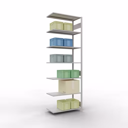 Zusatzbild des Artikels Anbauregal, Fachbodenregal Stecksystem MULTIplus150, 3000 x 1000 x 500 mm (HxBxT), 7 Fachböden, Längenriegel, RAL 7035 lichtgrau aus Anbauregal