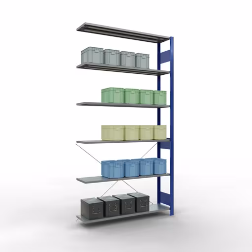 Anbauregal, Fachbodenregal Stecksystem MULTIplus150, 2500 x 1300 x 300 mm (HxBxT), 6 Fachböden, Kreuzstrebe, RAL 5010 enzianblau/verzinkt mit der GTIN 4004514279743 Anbauregal, Fachbodenregal Stecksystem MULTIplus150, 2500 x 1300 x 300 mm (HxBxT), 6 Fachböden, Kreuzstrebe, RAL 5010 enzianblau/verzinkt von Schulte Lagertechnik mit der Artikelnr. 12736-130-B