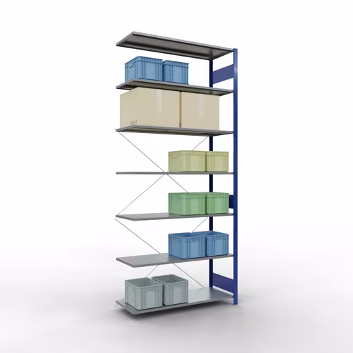 Anbauregal, Fachbodenregal Stecksystem MULTIplus150, 3000 x 1300 x 500 mm (HxBxT), 7 Fachböden, Kreuzstrebe, RAL 5010 enzianblau/verzinkt aus der Kategorie Anbauregal mit der GTIN 4004514280749 Anbauregal, Fachbodenregal Stecksystem MULTIplus150, 3000 x 1300 x 500 mm (HxBxT), 7 Fachböden, Kreuzstrebe, RAL 5010 enzianblau/verzinkt von der Marke Schulte Lagertechnik aus der Produktreihe Stecksystem