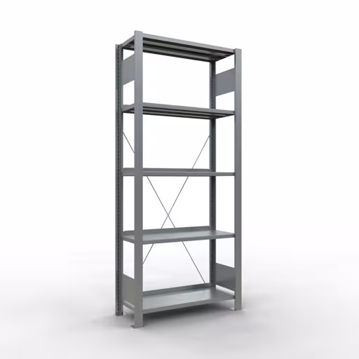Grundregal, Büro-Fachbodenregal Stecksystem MULTIplus85, 1800 x 750 x 300 mm (HxBxT), 5 Fachböden, Kreuzstrebe, verzinkt, mit Anschlagleiste aus der Kategorie Stecksystem mit der Artikelnummer 17700