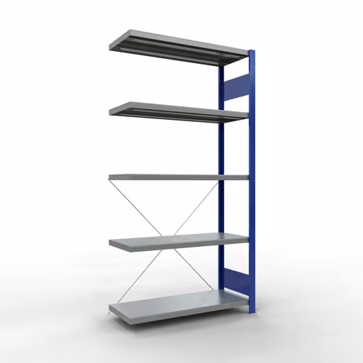 Abbildung Nr 10 des Artikels Anbauregal, Fachbodenregal Stecksystem MULTIplus330, 2000 x 1000 x 400 mm (HxBxT), 5 Fachböden, Kreuzstrebe, RAL 5010 enzianblau/verzinkt aus der Produktgruppe Stecksystem von der Marke Schulte Lagertechnik
