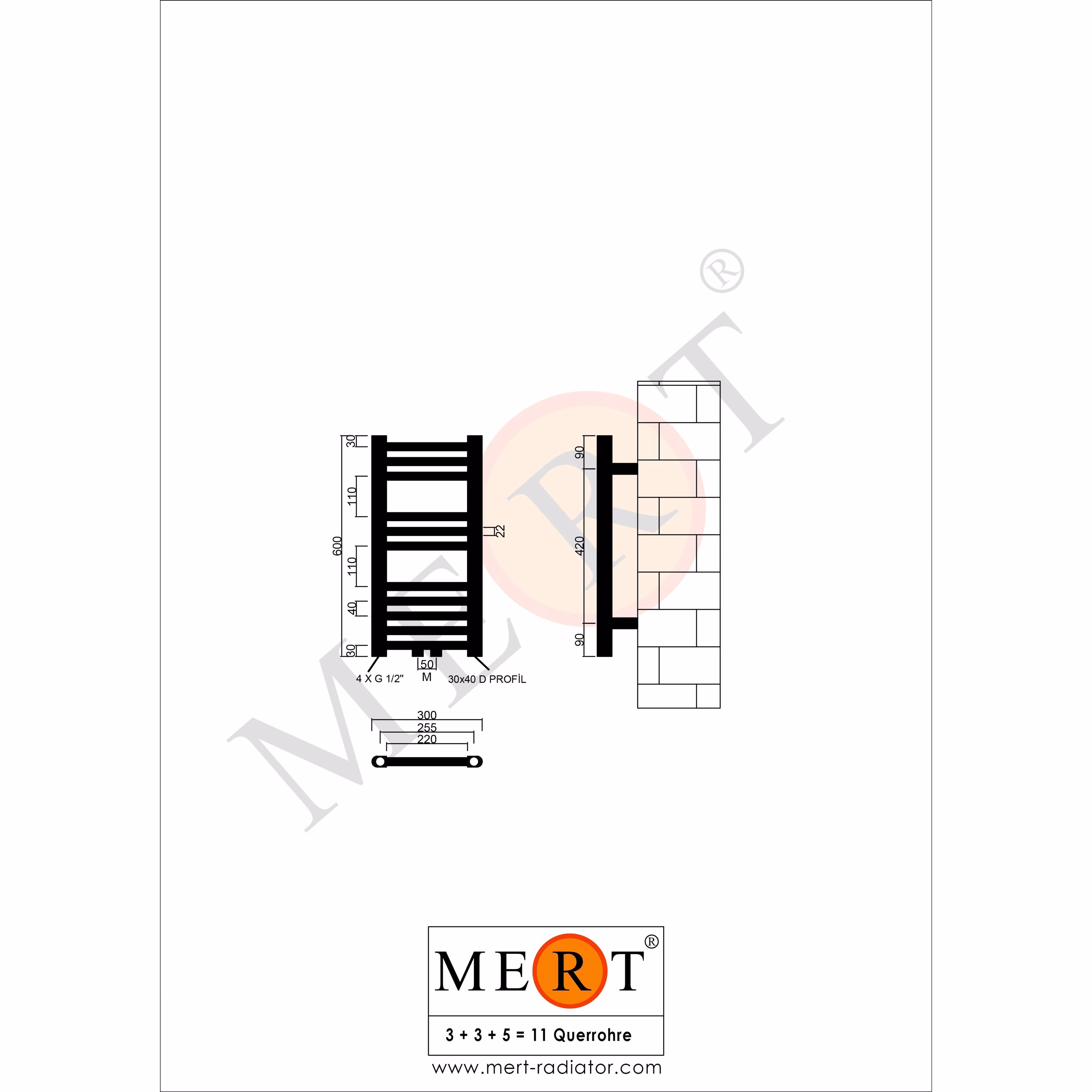 MERT Badheizkörper Comfort M, weiß, gerade, 300x600mm, Anschluss in der Mitte 50 mm