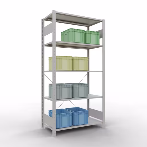 Produktbild Nr 16 des Artikels Grundregal, Fachbodenregal Stecksystem MULTIplus85, 2000 x 1000 x 500 mm (HxBxT), 5 Fachböden, Kreuzstrebe, RAL 7035 lichtgrau Abbildung Nr 16 des Artikels Grundregal, Fachbodenregal Stecksystem MULTIplus85, 2000 x 1000 x 500 mm (HxBxT), 5 Fachböden, Kreuzstrebe, RAL 7035 lichtgrau aus der Produktgruppe Stecksystem von der Marke Schulte Lagertechnik