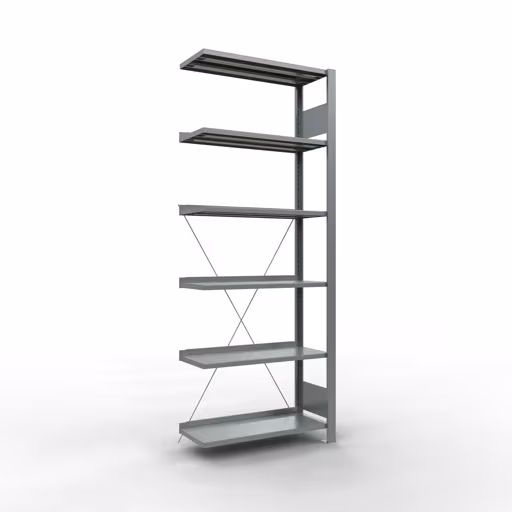 Anbauregal, Büro-Fachbodenregal Stecksystem MULTIplus85, 2000 x 750 x 300 mm (HxBxT), 6 Fachböden, Kreuzstrebe, verzinkt, mit Anschlagleiste aus der Kategorie Stecksystem mit der Artikelnummer 17709