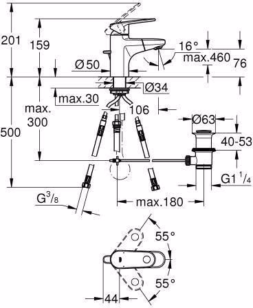 Technische Zeichnung 4031395 GROHE Einhand-Waschtischbatterie Europlus 33155_2 mit herausziehbarem Auslauf chrom