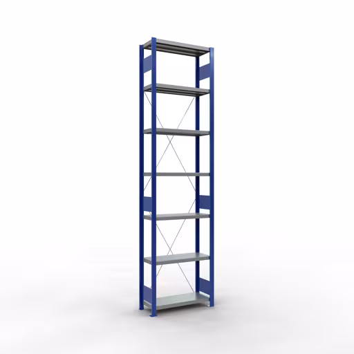 Grundregal, Fachbodenregal Stecksystem MULTIplus250, 3000 x 750 x 300 mm (HxBxT), 7 Fachböden, Kreuzstrebe, RAL 5010 enzianblau/verzinkt/verzinkt von der Marke Schulte Lagertechnik Grundregal, Fachbodenregal Stecksystem MULTIplus250, 3000 x 750 x 300 mm (HxBxT), 7 Fachböden, Kreuzstrebe, RAL 5010 enzianblau/verzinkt/verzinkt aus der Kategorie Grundregal mit der Artikelnummer 12932-75-B