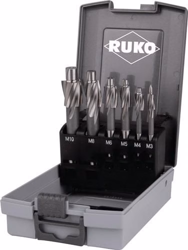 Flachsenkersatz DIN 373 M3-M10 fein für Druckluftantrieb High Speed Steel blank Z.3 Kunststoffkassette RUKO von der Marke Ruko Flachsenker-Satz DIN 373 High Speed Steel blank Schneidenanzahl 3 Kunststoffkassette RUKO
