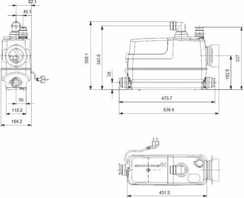 Technische Zeichnung 4052095 Fäkalienhebeanlage SOLOLIFT2 CWC-3 0,62 kW, 230-240 V/50 Hz 495 x 164 x 368 mm GRUNDFOS