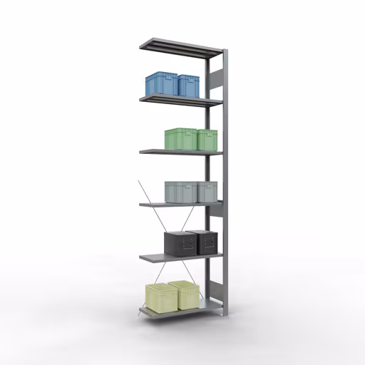 Anbauregal, Fachbodenregal Stecksystem MULTIplus150, 2500 x 750 x 300 mm (HxBxT), 6 Fachböden, Kreuzstrebe, verzinkt mit der Artikelnr. 12736-75 Anbauregal, Fachbodenregal Stecksystem MULTIplus150, 2500 x 750 x 300 mm (HxBxT), 6 Fachböden, Kreuzstrebe, verzinkt von Schulte Lagertechnik aus der Kategorie Stecksystem