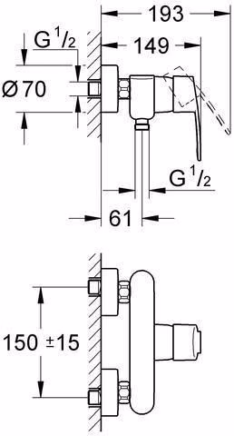 Technische Zeichnung 4006650 GROHE Einhebel-Brausebatterie Eurostyle C 33590_2 Wandmontage eigensicher chrom