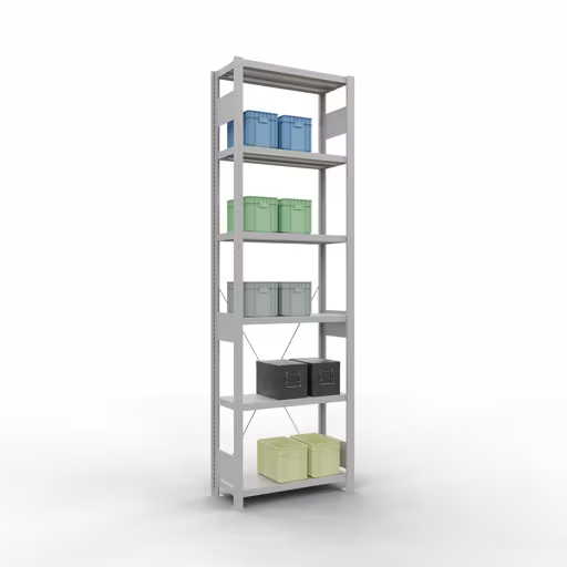 Grundregal, Fachbodenregal Stecksystem MULTIplus250, 2500 x 750 x 300 mm (HxBxT), 6 Fachböden, Kreuzstrebe, RAL 7035 lichtgrau von Schulte Lagertechnik mit der Artikelnr. 32831-75