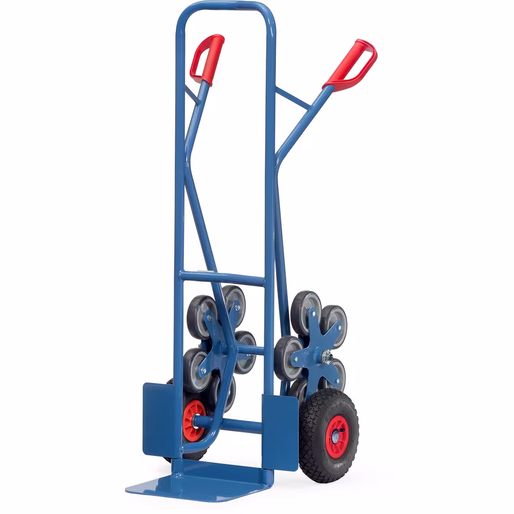 Treppenkarre 5-Rad pulverbeschichtet, nur blau RAL 5007. Sicherheitsgriffe, mit 2 Lufträdern, Kunststoff-Felgen aus der Kategorie Karren