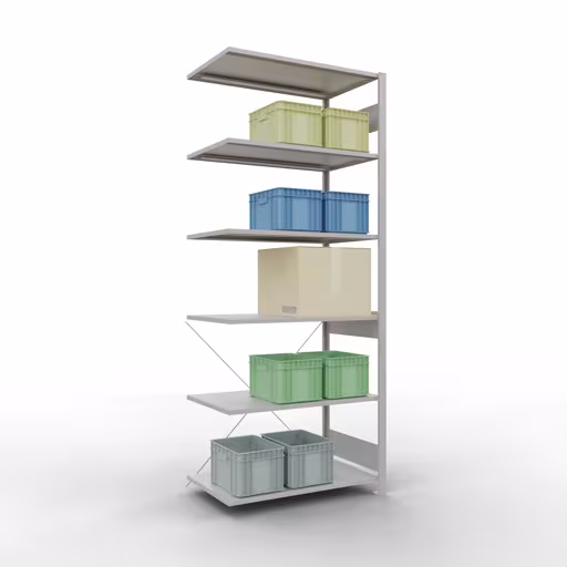 Produktbild Nr 12 des Artikels Anbauregal, Fachbodenregal Stecksystem MULTIplus150, 2500 x 1000 x 600 mm (HxBxT), 6 Fachböden, Kreuzstrebe, RAL 7035 lichtgrau Abbildung Nr 12 des Artikels Anbauregal, Fachbodenregal Stecksystem MULTIplus150, 2500 x 1000 x 600 mm (HxBxT), 6 Fachböden, Kreuzstrebe, RAL 7035 lichtgrau aus der Produktgruppe Stecksystem von der Marke Schulte Lagertechnik