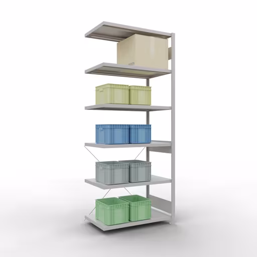 Anbauregal, Fachbodenregal Stecksystem MULTIplus330, 2500 x 1000 x 600 mm (HxBxT), 6 Fachböden, Kreuzstrebe, RAL 7035 lichtgrau von Schulte Lagertechnik mit der Artikelnr. 33866