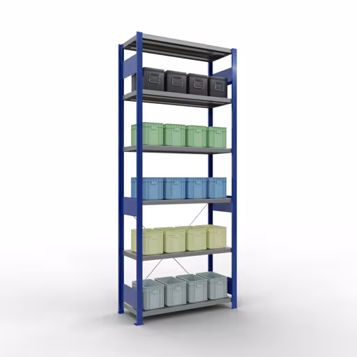 Produktbild Nr 12 des Artikels Grundregal, Fachbodenregal Stecksystem MULTIplus330, 2500 x 1000 x 400 mm (HxBxT), 6 Fachböden, Kreuzstrebe, RAL 5010 enzianblau/verzinkt Abbildung Nr 12 des Artikels Grundregal, Fachbodenregal Stecksystem MULTIplus330, 2500 x 1000 x 400 mm (HxBxT), 6 Fachböden, Kreuzstrebe, RAL 5010 enzianblau/verzinkt aus der Produktgruppe Stecksystem von der Marke Schulte Lagertechnik