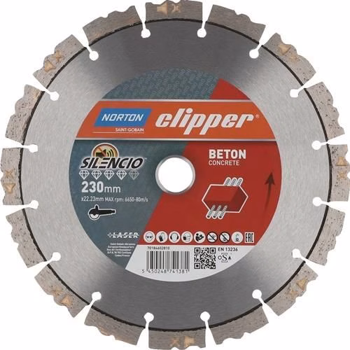 Diamanttrennscheibe Pro Beton Silencio Durchmesser 230 mm Bohrung 22,23 mm Segmentbreite 2,6 mm NORTON CLIPPER von der Marke Norton Clipper Diamanttrennscheibe Pro Beton Silencio Segmenthöhe 12 mm NORTON CLIPPER aus der Kategorie Trennscheiben mit der Teilenummer 4206758057