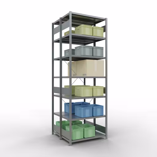 Zusatzbild des Artikels Grundregal, Doppelregal, Fachbodenregal Stecksystem MULTIplus250, 3000 x 1000 x (2x500) mm (HxBxT), 2x7 Fachböden, Kreuzstrebe, verzinkt Zusatzbild des Artikels Grundregal, Doppelregal, Fachbodenregal Stecksystem MULTIplus250, 3000 x 1000 x (2x500) mm (HxBxT), 2x7 Fachböden, Kreuzstrebe, verzinkt aus Doppelregale