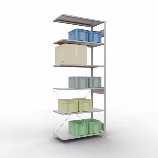 Abbildung Nr 10 des Artikels Anbauregal, Fachbodenregal Stecksystem MULTIplus85, 2500 x 1000 x 500 mm (HxBxT), 6 Fachböden, Kreuzstrebe, RAL 7035 lichtgrau aus der Produktgruppe Stecksystem von der Marke Schulte Lagertechnik